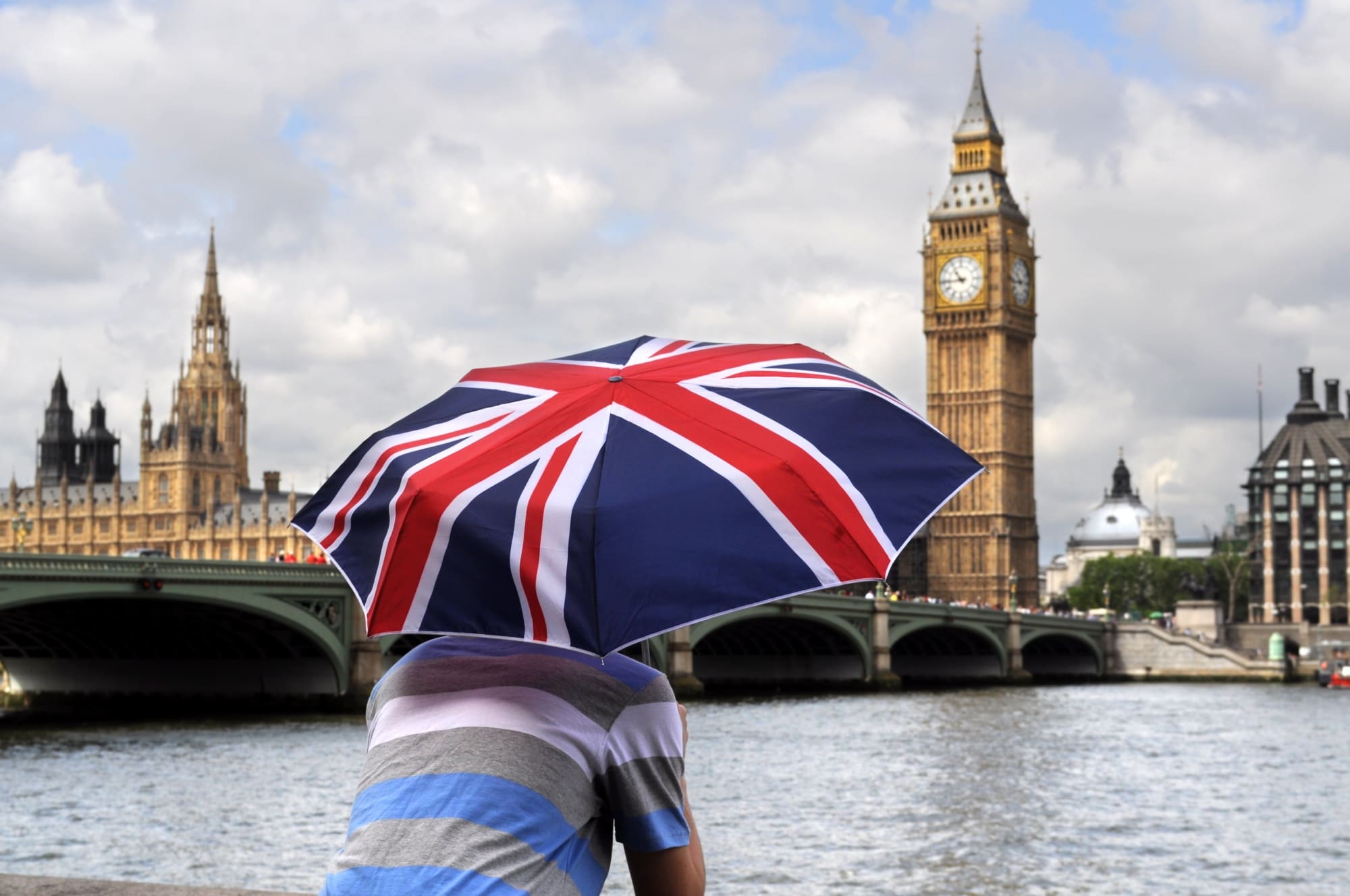 Photo d'un jeune homme avec un parapluie Union Jack à Londres où il étudie dans une université anglaise